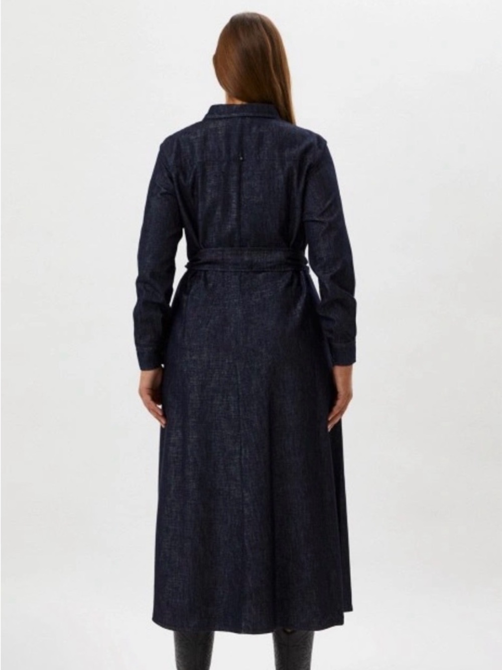 Marina Rinaldi Dalmata Dark Navy Long Sleeve Maxi Shirt Dress with Waist Tie - Picture 2 of 11